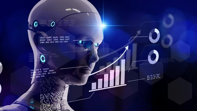 Digital transformation, information technology paper data transform to cloud data, 3D animation AI humanoid robot metaverse smart business digital world finance graph chart background,