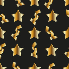 A beautiful seamless pattern with a 3d golden serpentine and star on a black background. The Christmas concept. Festive background.