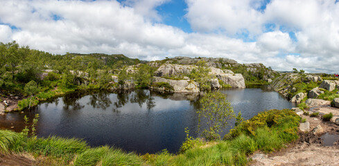 Fototapeta na wymiar Tjødnane lakes Prekestolen (Preikestolen) in Rogaland in Norway (Norwegen, Norge or Noreg)