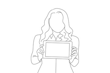Cartoon of cheerful woman showig blank tablet computer screen. Line art style