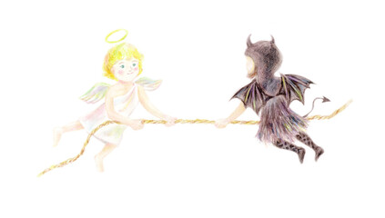 綱引きをする天使と悪魔