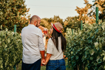 Portrait of a Smiling  happy Couple Kissing    in a Vineyard toasting wine. Beautiful  brunette woman and bearded muscular man spending time together during grape harvest.