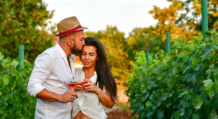 Portrait of a smiling  happy couple kissing    in a Vineyard toasting wine. Beautiful  brunette woman and bearded muscular man spending time together during grape harvest.