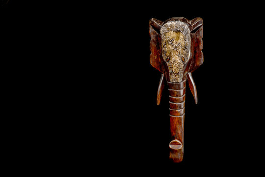 Traditional Wooden African Elephant Head Mask With A Metal Inlay