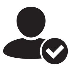 User profile sign web icon with check mark glyph. User authorized illustration design item. Straight style design icon. Account verified icon. Signed verified profile symbol. User accepted.