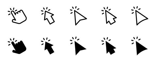 Conjunto de iconos de cursor de computadora. Clic en el cursor del ratón. Diferentes estilos del cursor - obrazy, fototapety, plakaty