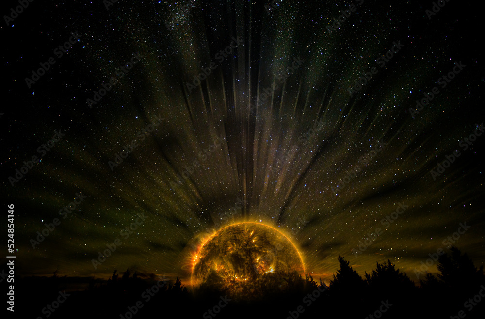 Wall mural dark extinct sun rises above the earth. elements of this image furnished by nasa.