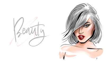 Beautiful woman face makeup vector fashion illustration. Hand drawn line art sketch for cosmetic products sale banner background design, make up artist business card template. © Inna