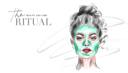 VECTOR stylish original hand-drawn graphics portrait with beautiful young attractive girl model for design. Fashion, style, beauty . Graphic, sketch drawing. Sexy woman