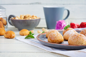 Butter cookies on wooden background. Delicious honey gingerbread