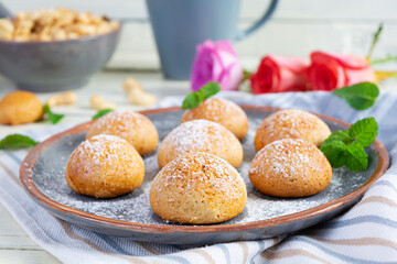 Butter cookies on wooden background. Delicious honey gingerbread
