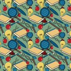 Seamless pattern of educational object, firebrick red color apple, blue sapphire color globe, arylide yellow bulb ,black color DNA, pencil, paint brush, notebook on gainsboro color background.