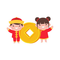 Chinese children wear red national costumes to celebrate Chinese New Year.