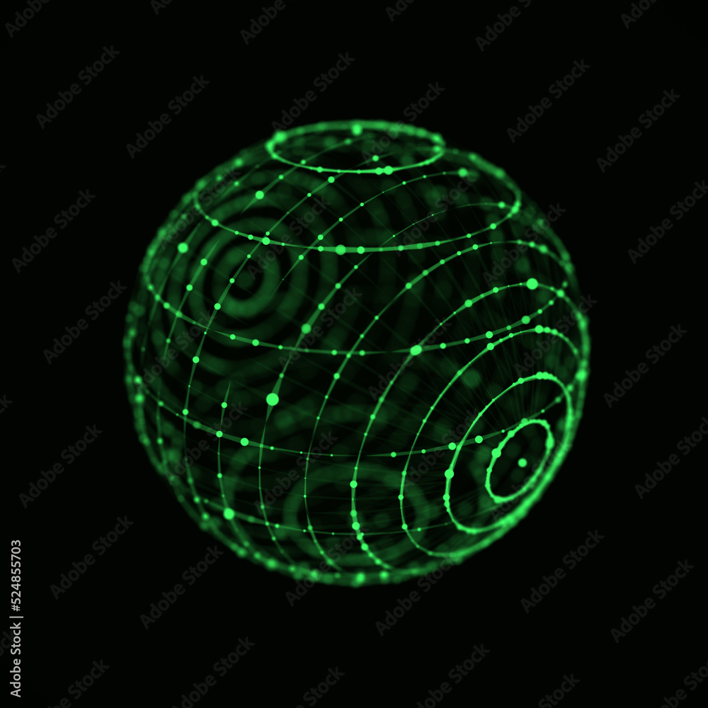 Poster Abstract green sphere with connecting dots and lines. Wireframe technology sphere. Big data visualization. 3d rendering.
