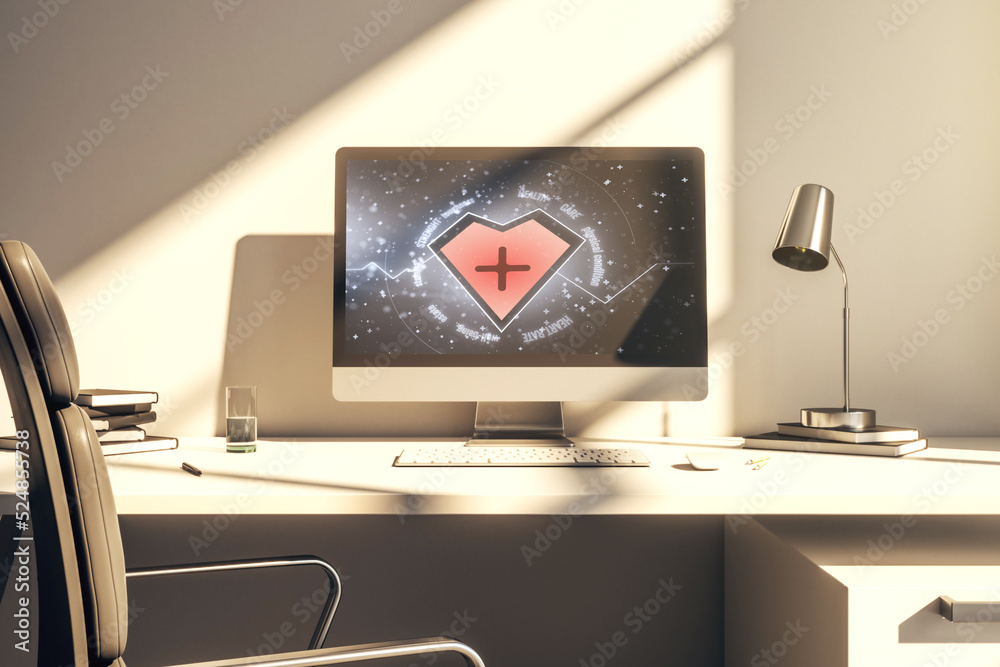 Poster creative abstract heart pulse hologram on modern computer monitor, online medical consulting concept