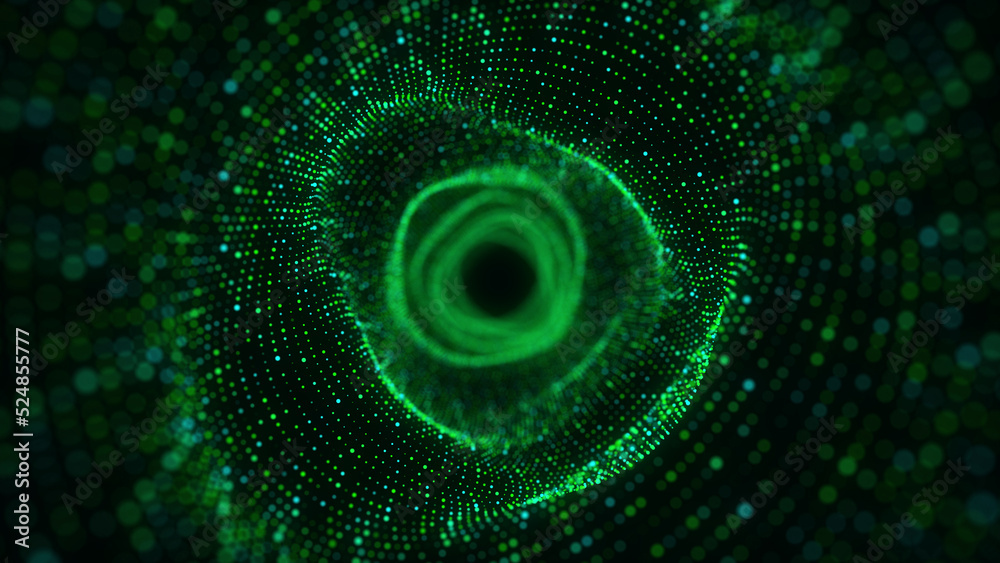 Aufkleber Abstract 3d portal. Circle tunnel or wormhole. Digital background with connected green dots. 3d rendering.