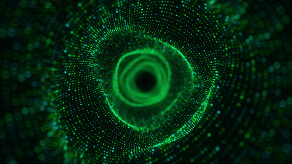 Abstract 3d portal. Circle tunnel or wormhole. Digital background with connected green dots. 3d rendering.