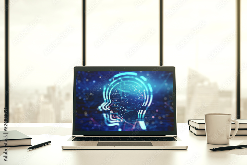 Poster creative artificial intelligence concept with human head sketch on modern computer monitor. 3d rende