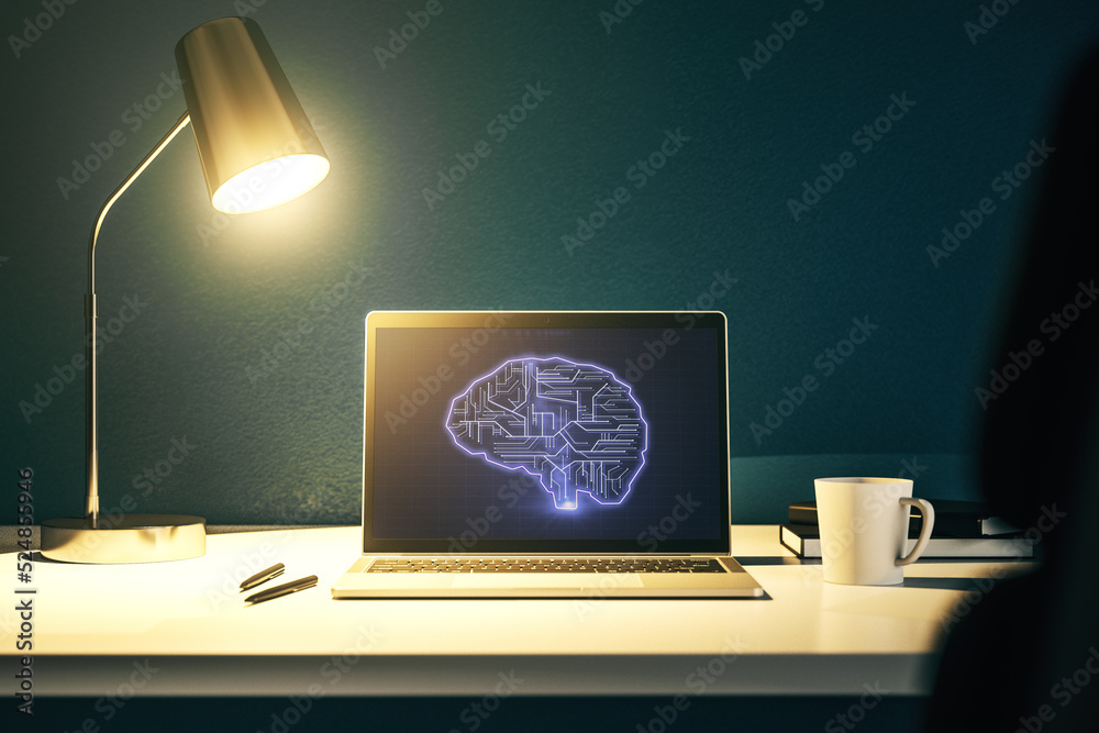 Poster modern computer display with creative human brain microcircuit. future technology and ai concept. 3d