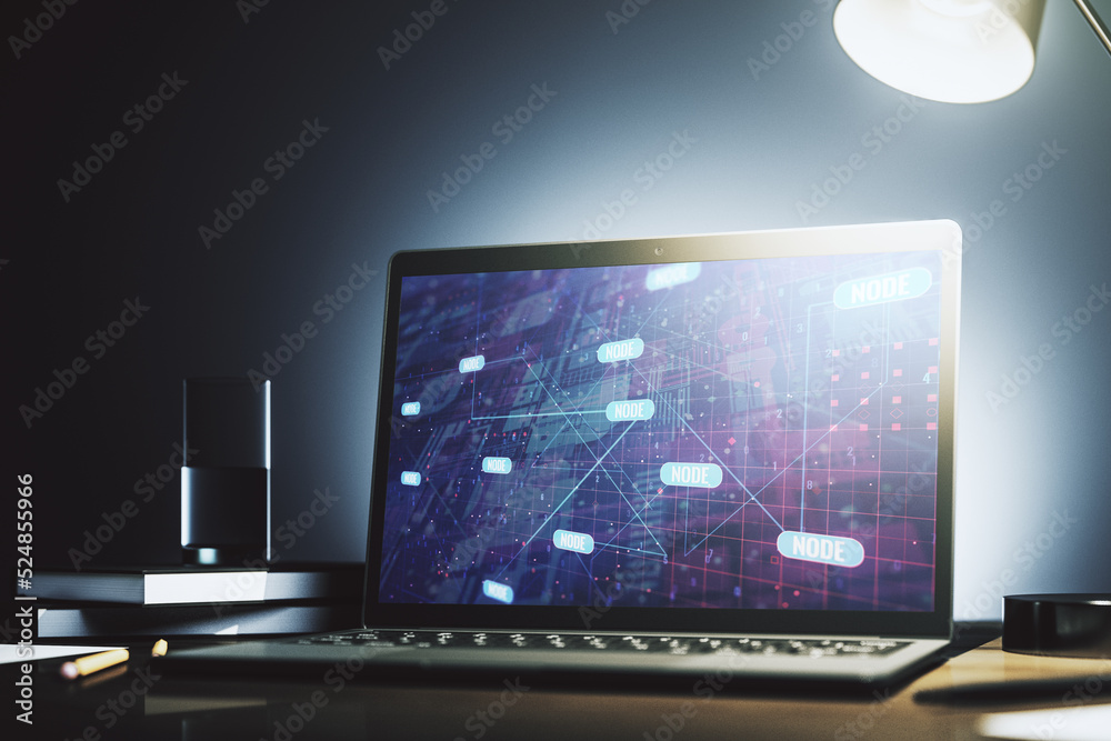 Fototapete Modern computer display with abstract programming language hologram, artificial intelligence and machine learning concept. 3D Rendering