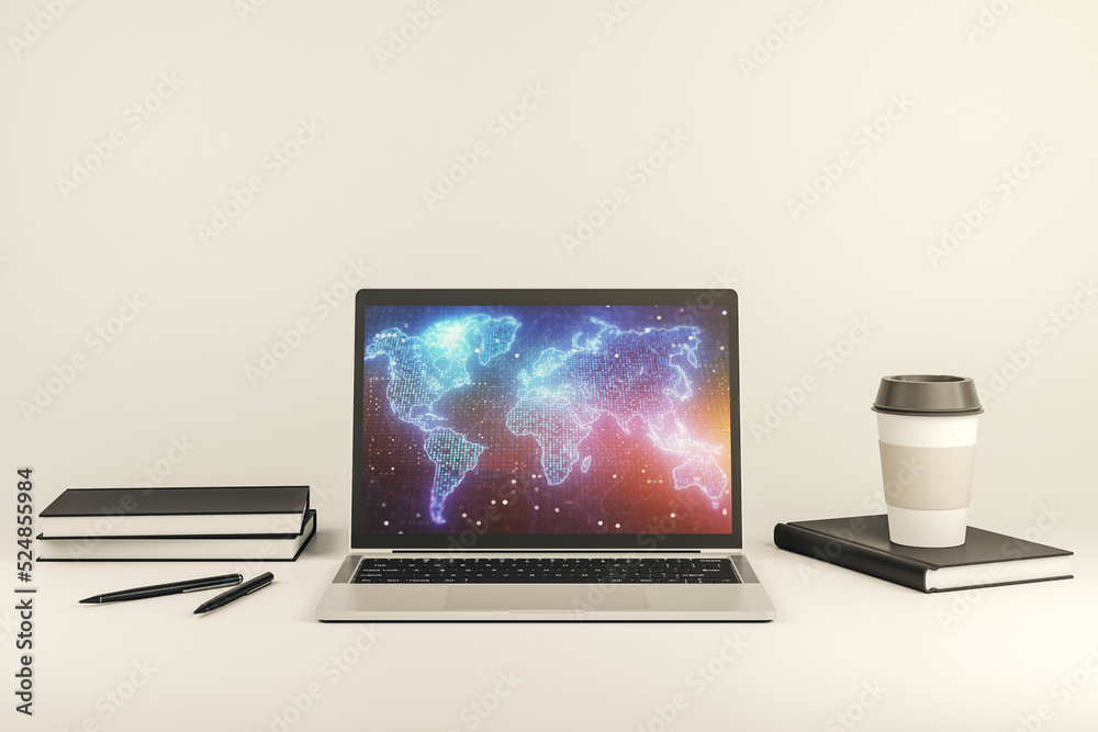 Poster abstract digital world map on modern computer monitor, big data and blockchain concept. 3d rendering
