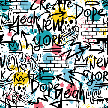 Fototapeta Hand-drawn vector graffiti seamless pattern. Graffiti pattern background. Graffiti doodle illustrations. 