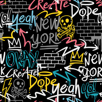 Fototapeta Hand-drawn vector graffiti seamless pattern. Graffiti pattern background. Graffiti doodle illustrations. 