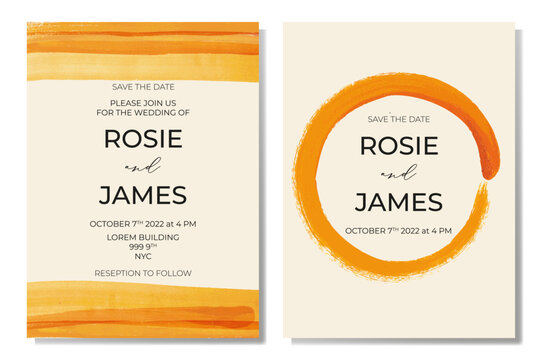 Abstract minimalistic watercolor autumn wedding invitation cards template design, orange brush stroke with frame on light beige background, colorful modern theme