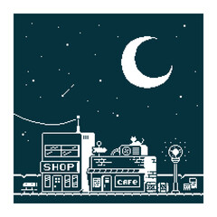 Black and white simple vector 1bit pixel art illustration of night street with a cafe and a shop in the style of old arcade games