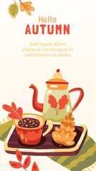 Vertical autumn background with a hot drink, cone and teapot on a wooden tray. Stories template. Warm hygge aesthetics. Thanksgiving decoration. Cute light colorful texture. Flat cartoon hand-drawn