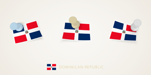 Pinned flag of Dominican Republic in different shapes with twisted corners. Vector pushpins top view.