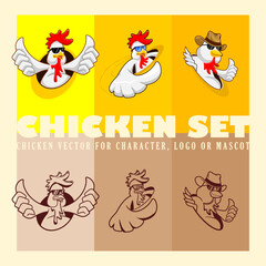 Three Chicken cartoon characters that show thumbs up with different looks and poses