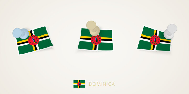 Pinned flag of Dominica in different shapes with twisted corners. Vector pushpins top view.