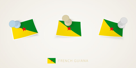 Pinned flag of French Guiana in different shapes with twisted corners. Vector pushpins top view.