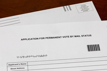 Permanent absentee vote by mail application form. Election fraud, security, and right to vote concept.