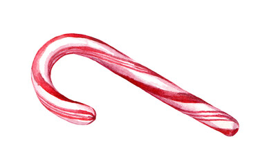 Red and white one candy cane. Watercolor