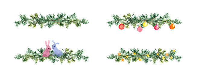 Christmas tree branch bauble balls, new tear set isolated