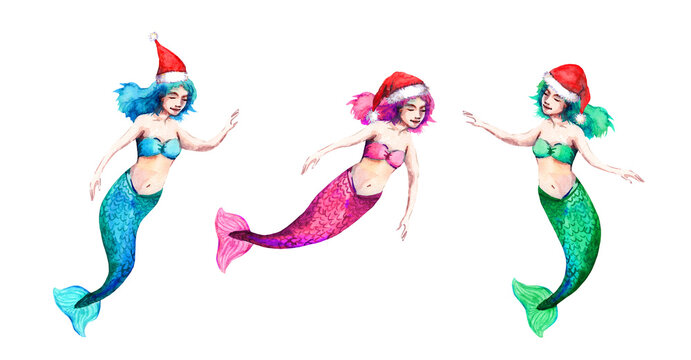 Pink mermaid in Christmas hat. Character watercolor illustration for xmas, Neew Year