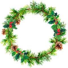 Christmas wreath - fir tree and mistletoe. Watercolor - 524859361