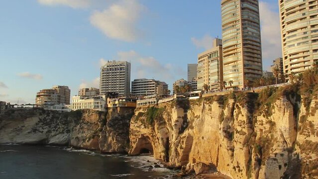 Beautiful view of the Pigeon Rocks on the promenade in the center of Beirut, Lebanon