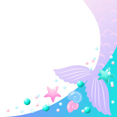 Under the sea frame. Cute background decorated with of mermaid tails, shell, pearls and star fish. Vector 10 EPS.
