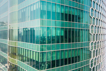 Aerial view of glass windows of office buildings