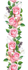 Watercolor pink rose flowers repeated border frame