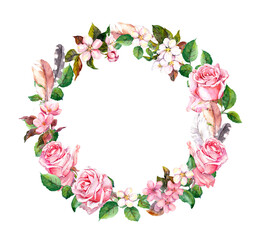 Rose flower wreath with feathers. Floral circle border. Watercolor - 524861999