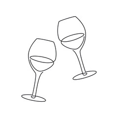 Wine glasses vector one line continuous drawing illustration. Hand drawn linear silhouette icon. Minimal design element for print, banner, card, wall art poster, brochure, postcard.