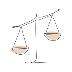 Vector balance scale one line continuous drawing illustration. Hand drawn linear silhouette icon. Minimal design element for print, banner, card, wall art poster, brochure. Choice concept.