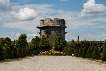 One of the Flak towers (Flaktürme) from the second world war in Augarten Park in Vienna, Austria, Central Europe. Large, above-ground, anti-aircraft gun blockhouse towers constructed by Nazi Germany.