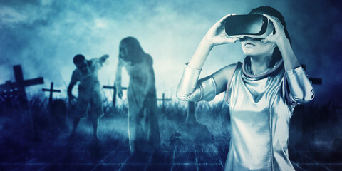 Woman wear VR goggles while play zombies games