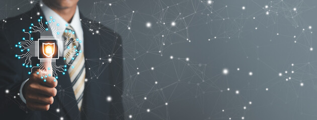 Businessman touch virtual security icon. Cyber defense information security Internet privacy.