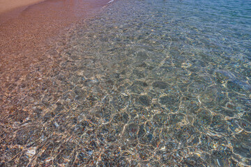Beautiful view of reflection of texture of turquoise water of sea on sandy beach. Greece.